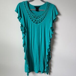 Calvin Klein Jeans Teal Tunic with Side Ruffles and Lattice Detail